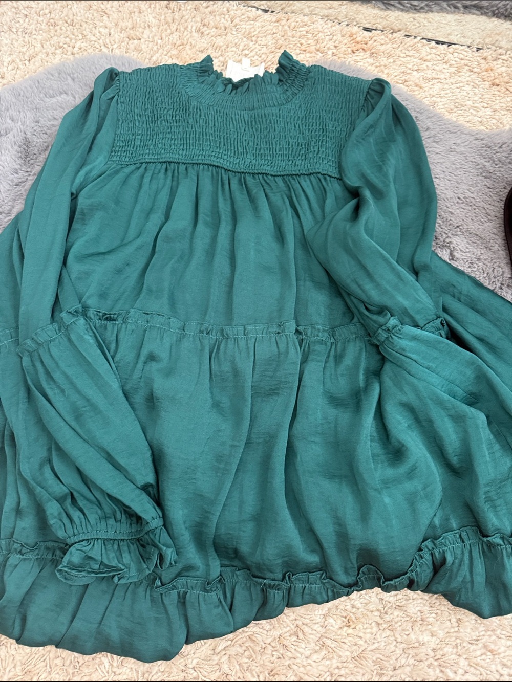 bohme Teal Long Sleeve Smocked Yoke Tiered Dress